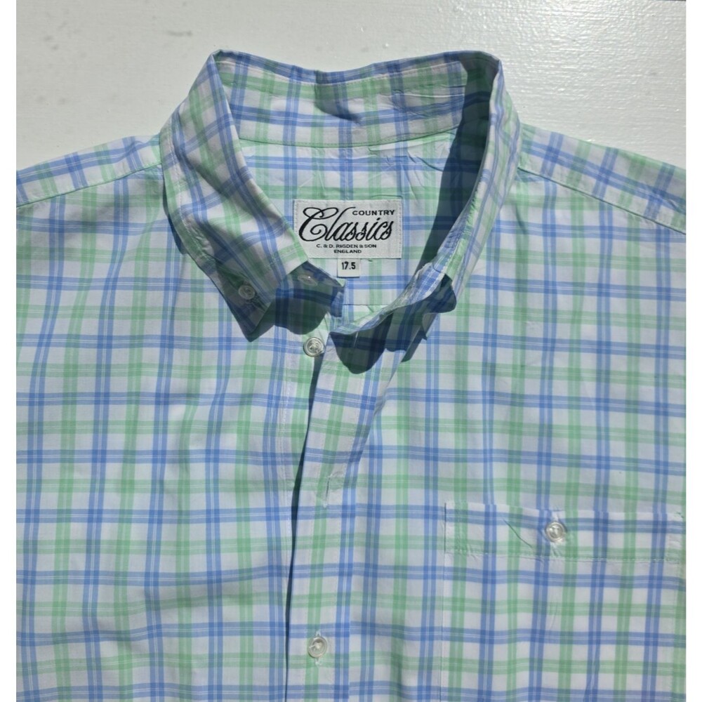 C&D Rigden & Son Plaid Shirt Mens 17.5 Blue Green Short Sleeve British Heritage